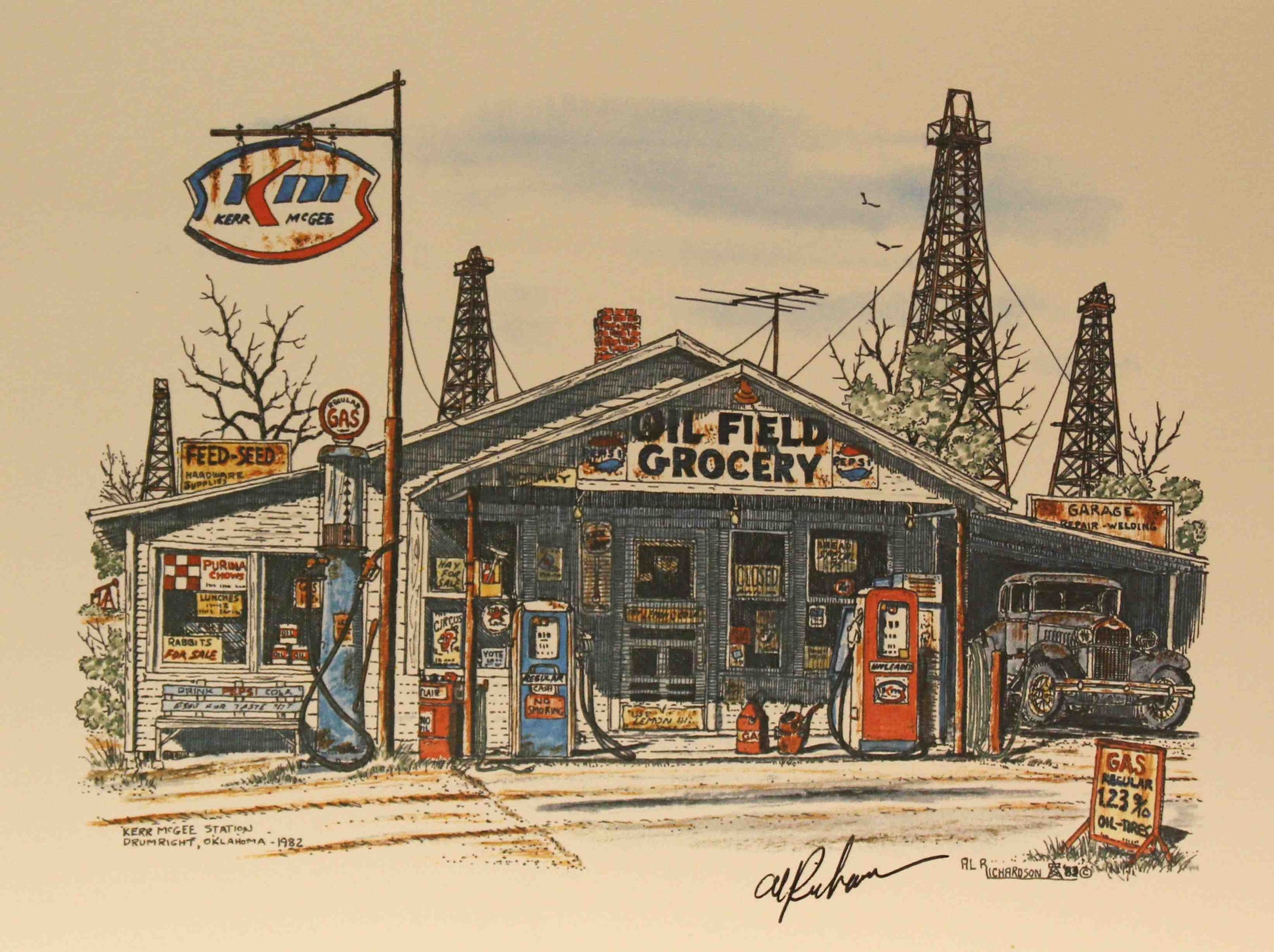 Al Richardson print titled "Kerr McGee" featuring a vintage gas station with classic pumps and signage, capturing the nostalgic spirit of mid-20th-century American oil culture.