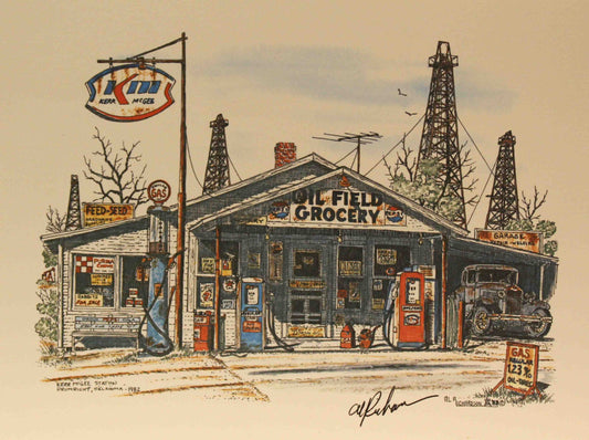 Al Richardson print titled "Kerr McGee" featuring a vintage gas station with classic pumps and signage, capturing the nostalgic spirit of mid-20th-century American oil culture.