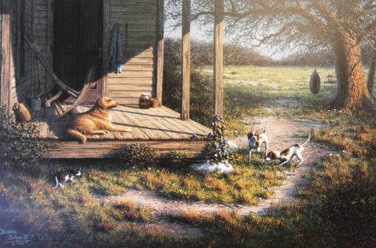 Dennis Schmidt print Lazy Afternoons – fine art dog print of dogs resting on a porch.