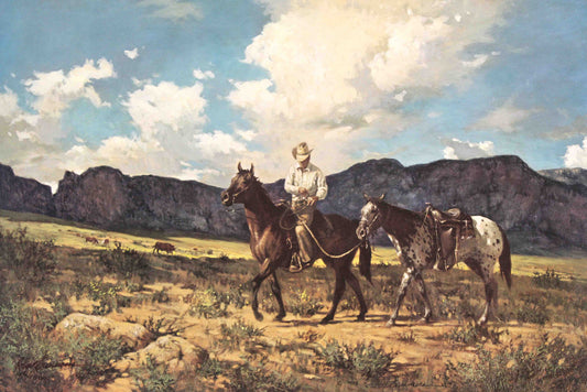 Robert Summers print "Leadin’ Loose" showing a cowboy leading several loose horses across a Western landscape.