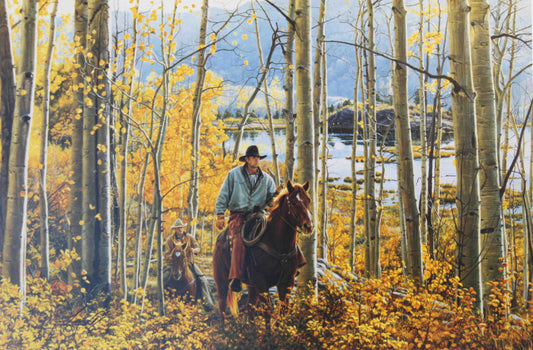 Tim Cox western art print Leaves of Gold featuring a lone cowboy riding through golden autumn aspens for cowboy art and western wall décor.