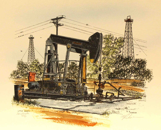 Al Richardson print titled "Little Shorty" featuring an oilfield pumpjack set against a Texas landscape, symbolizing hard work and industrial heritage.