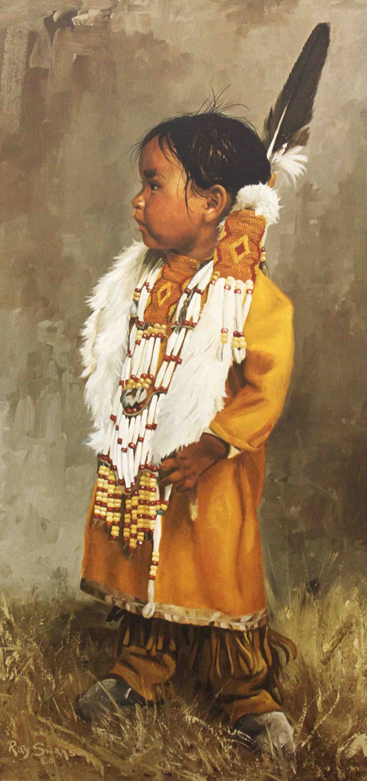 Little Sioux by Ray Swanson depicting a young Sioux child in traditional dress with a calm, thoughtful expression.