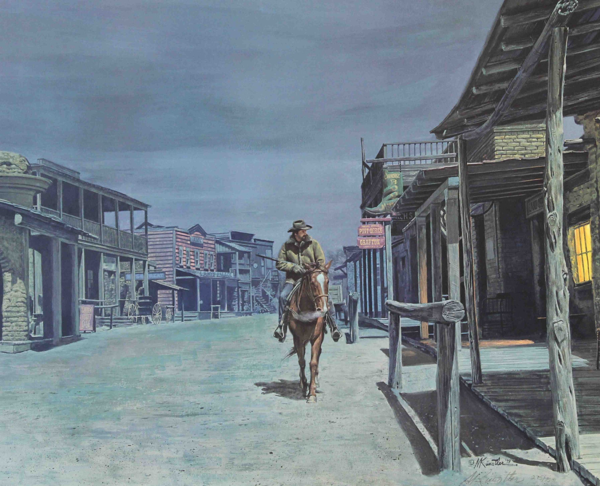 Mort Künstler print "Lonely Night" showing a lone rider on horseback entering a quiet Western town under the cover of night.