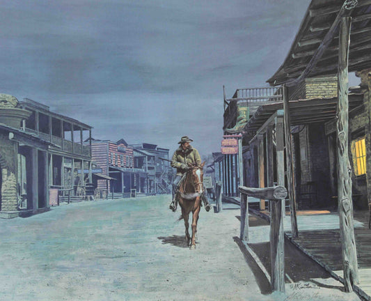 Mort Künstler print "Lonely Night" showing a lone rider on horseback entering a quiet Western town under the cover of night.