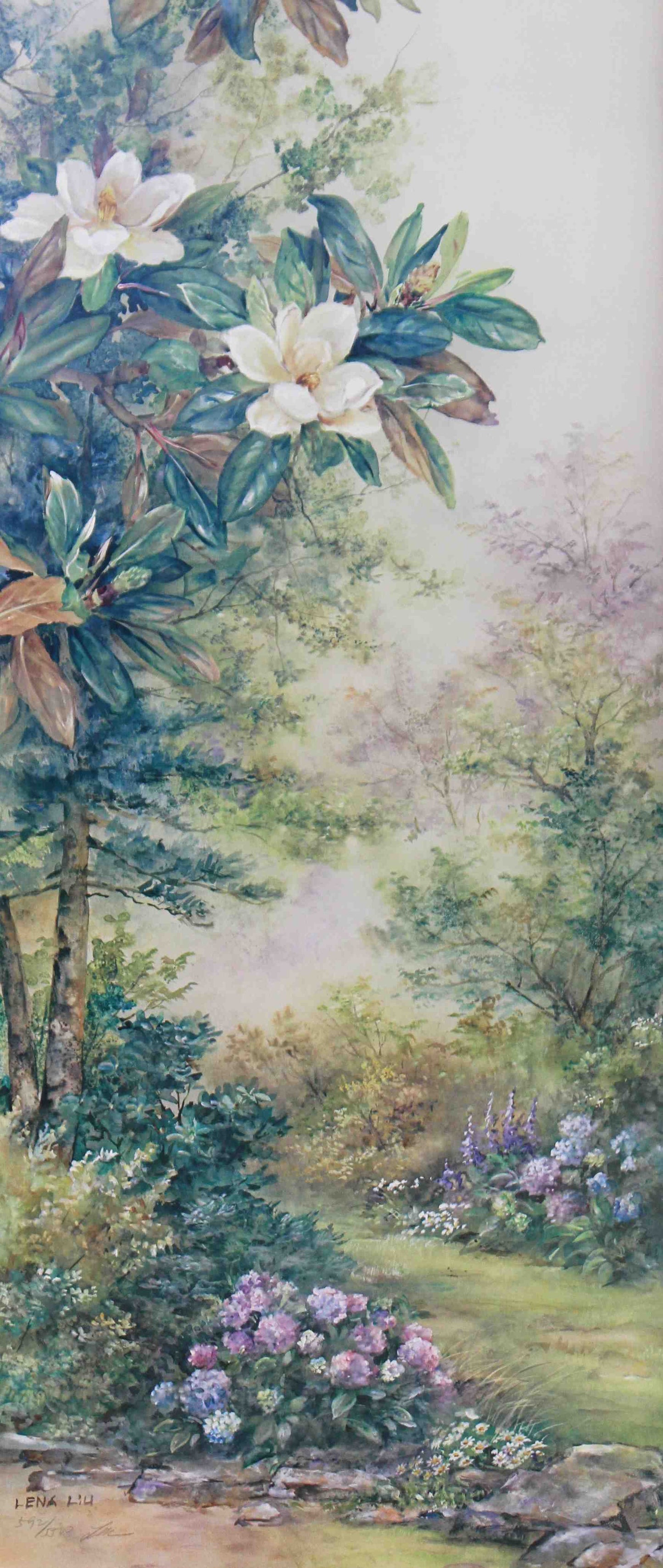 Lena Liu print Magnolias and Hydrangeas – fine art floral painting by Lena Liu featuring magnolia and hydrangea flowers.