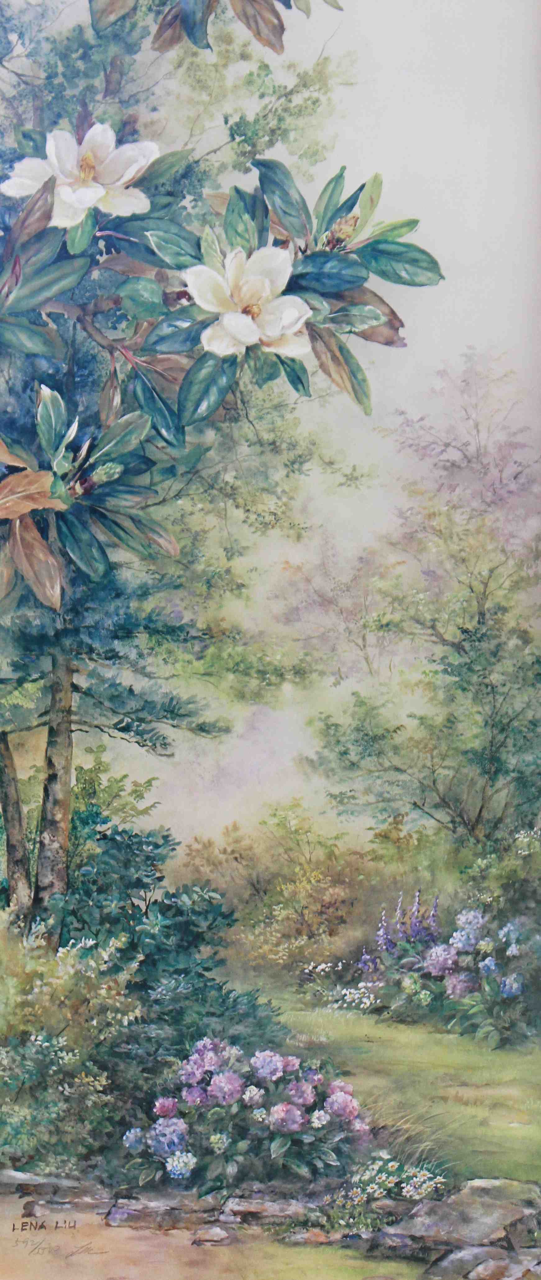 Lena Liu print Magnolias and Hydrangeas – fine art floral painting by Lena Liu featuring magnolia and hydrangea flowers.