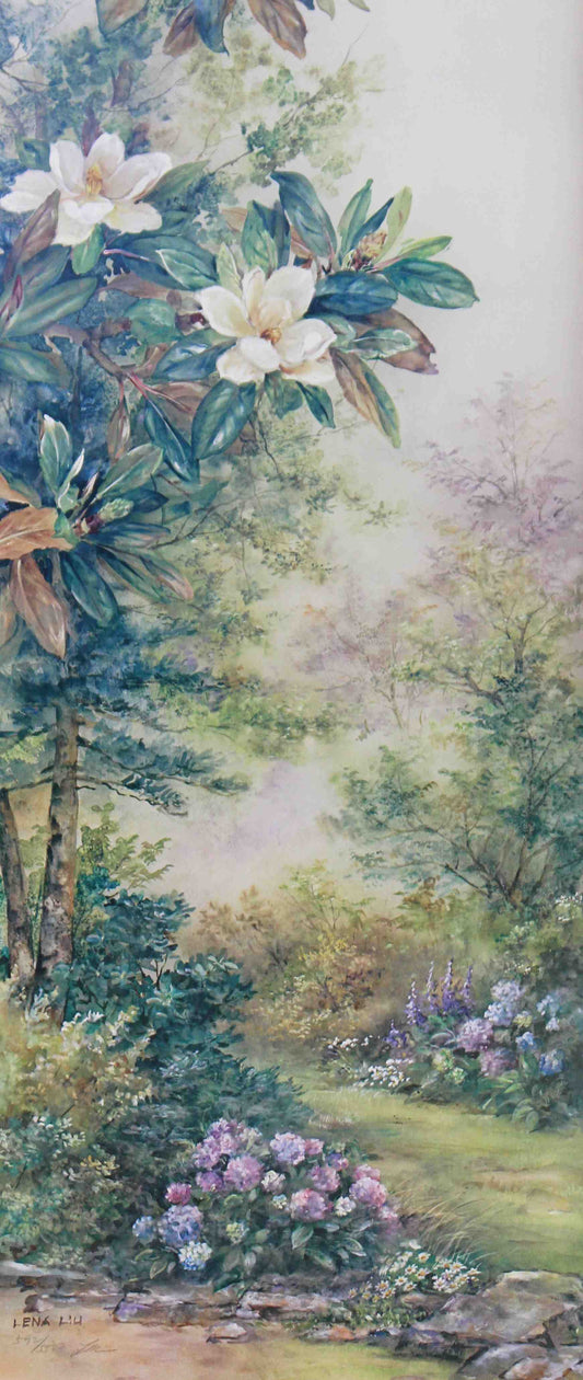 Lena Liu print Magnolias and Hydrangeas – fine art floral painting by Lena Liu featuring magnolia and hydrangea flowers.
