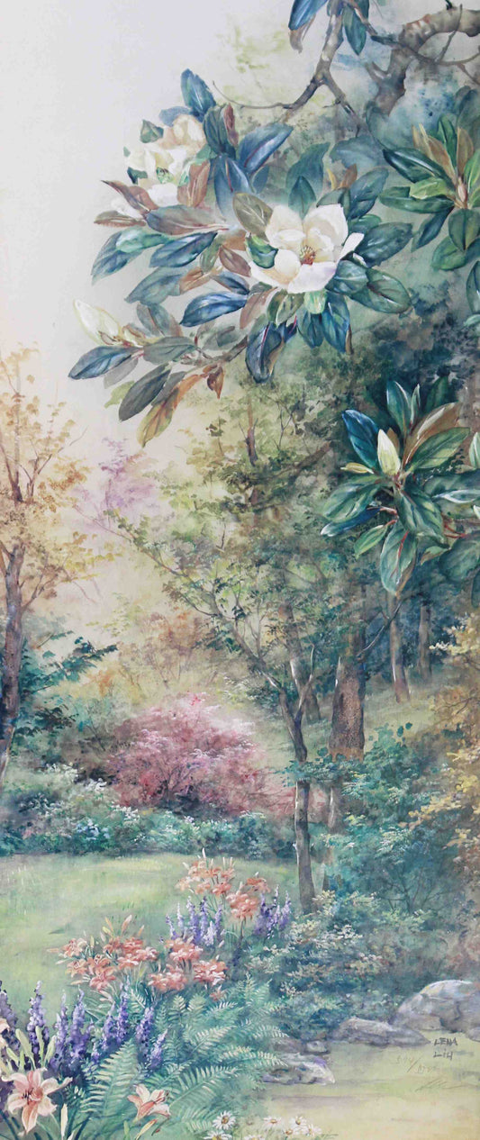 Lena Liu print Magnolias and Day Lilies – fine art floral painting by Lena Liu featuring magnolia and day lily flowers.