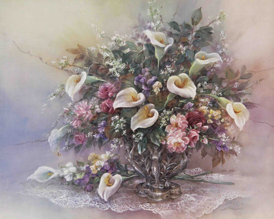 Lena Liu print Mermaid Callas – fine art floral painting by Lena Liu featuring calla lilies in a mermaid vase.