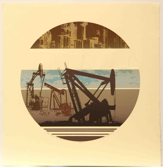 Marion Ford print Money in the Bank featuring multiple working pumpjacks in an active oilfield landscape.
