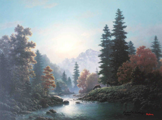 Dalhart Windberg print titled "Moonlight Mystique" featuring a peaceful nighttime landscape illuminated by soft moonlight.