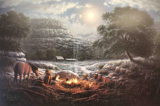 Moonlit Western landscape in Dennis Schmidt’s print Moonlit Memories, featuring a peaceful night scene on the open range.