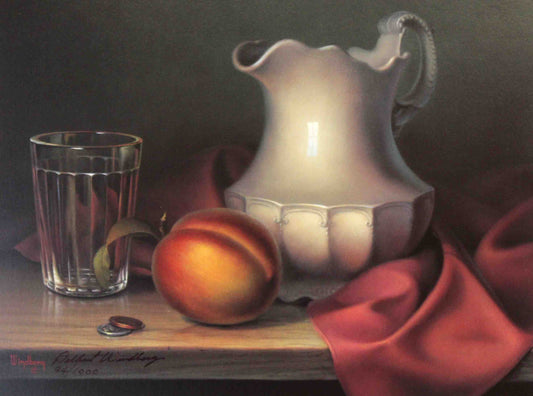 Pair of still life prints by Dalhart Windberg titled "Morning Delight" and "Evening Treat," featuring elegantly arranged food and table settings in morning and evening light.