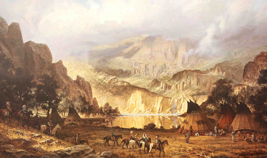 Native American chiefs gathered in a mountain setting in Robert Summers' print Mountain Council