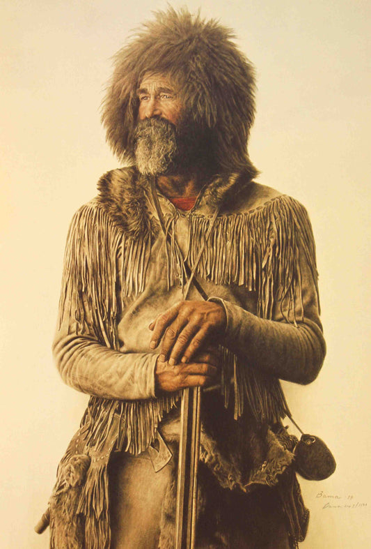 James Bama print "Mountain Man 1820–1840 Period" depicting a rugged trapper in traditional frontier attire with historically accurate detail.