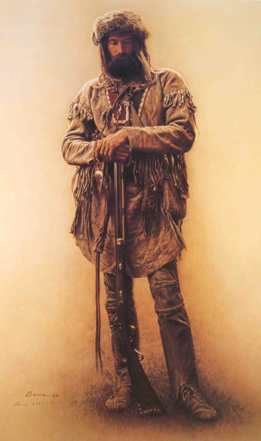 Realistic portrait of a weathered mountain man holding a rifle in James Bama’s print Mountain Man With Rifle.