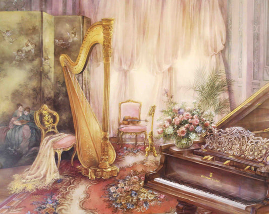Lena Liu print Music Room VI – Romantic Overture – fine art musical painting by Lena Liu featuring elegant instruments.
