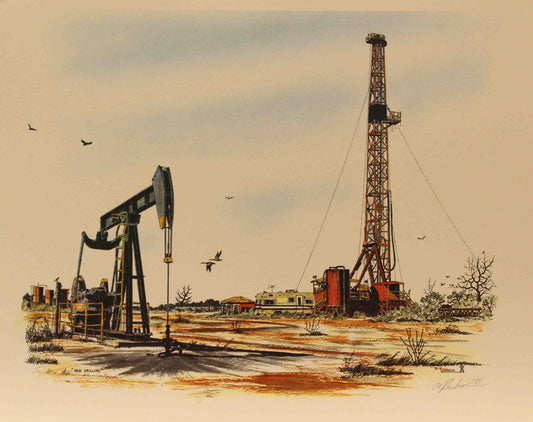 Al Richardson print titled "New Drilling" showing a newly erected oil drilling rig and pumpjack set in a Texas oilfield, symbolizing progress and energy in the oil industry.