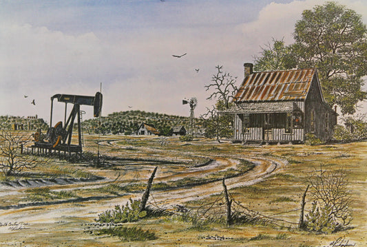 Al Richardson print “North Central Texas” depicting a peaceful rural Texas landscape with open pastures, trees, and rustic ranch elements under a wide sky.