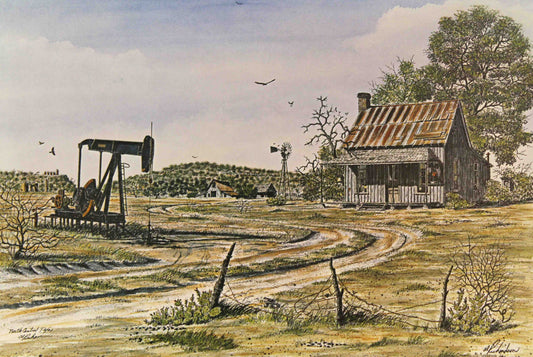 Al Richardson print North Central Texas showing a lone pumpjack operating on a remote Texas ranch in an open landscape.