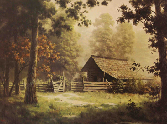Dalhart Windberg print “Obscurity” depicting a shadowed, weathered building in a misty, overgrown rural landscape.