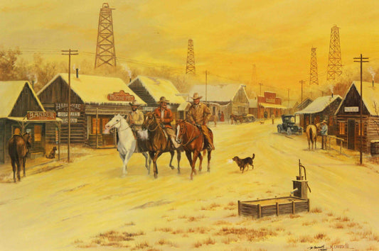 Marianna Caroselli print Oil Town Cowboys showing cowboys riding into a historic western oil town street.