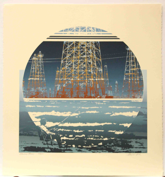 Marion Ford print Oilman’s Dream showing a fisherman casting near the shore with multiple offshore oil rigs in the background.