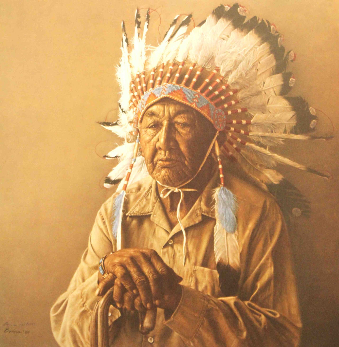 Elderly Arapahoe man in traditional attire, portrayed with detailed realism in James Bama’s print Old Arapahoe Story Teller