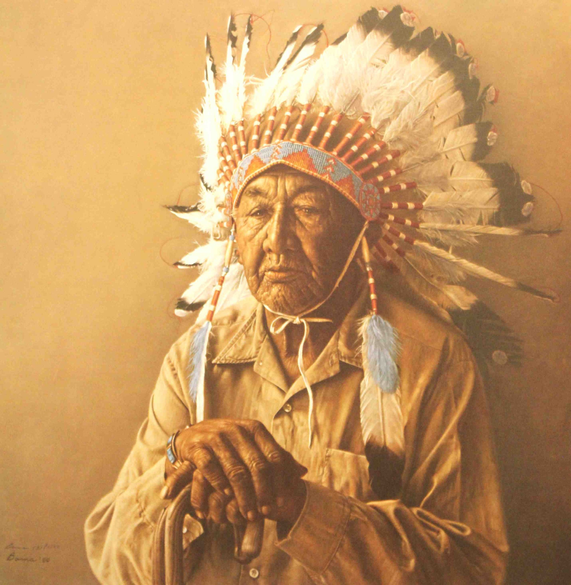 Elderly Arapahoe man in traditional attire, portrayed with detailed realism in James Bama’s print Old Arapahoe Story Teller