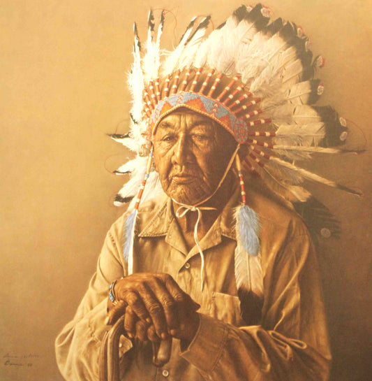 Elderly Arapahoe man in traditional attire, portrayed with detailed realism in James Bama’s print Old Arapahoe Story Teller
