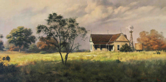 Dalhart Windberg print titled "Old Home Place" featuring a rustic country house surrounded by trees and soft golden light.