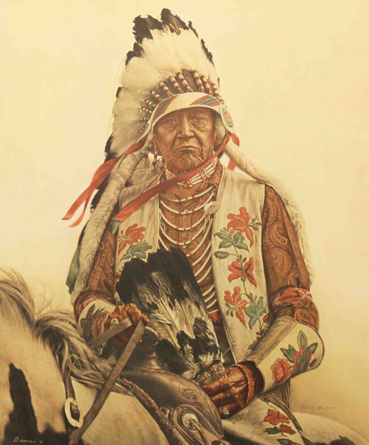 Portrait of a venerable Crow elder with thoughtful expression in James Bama’s print Oldest Living Crow Indian