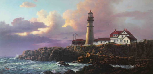 Dalhart Windberg print "On Perpetual Watch" featuring a lone lighthouse on a rocky coast under soft, moody lighting.