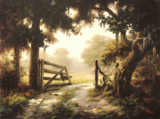 Dalhart Windberg print "One Summer Day" showing a peaceful country road lined with trees and a distant cottage, bathed in the warm light of a summer afternoon.
