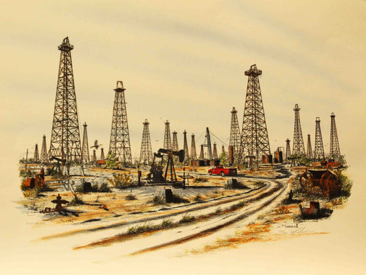 Al Richardson print titled "Orangefield" depicting a working Texas oilfield with multiple pumpjacks and rigs operating under a wide, sunlit sky, honoring the heritage of the oil industry.