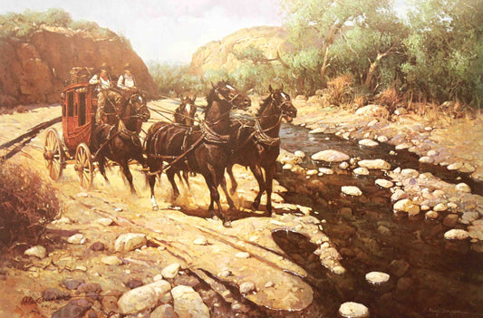 Stagecoach racing across a dusty Western trail pulled by galloping horses in Robert Summers’ print Overland Express