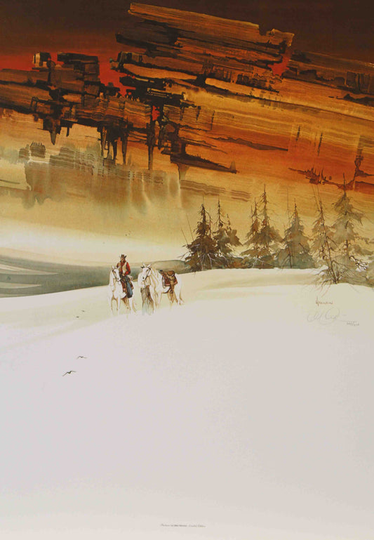 Michael Atkinson art print “Partners” featuring an abstract depiction of a cowboy and horse in warm Southwestern tones.