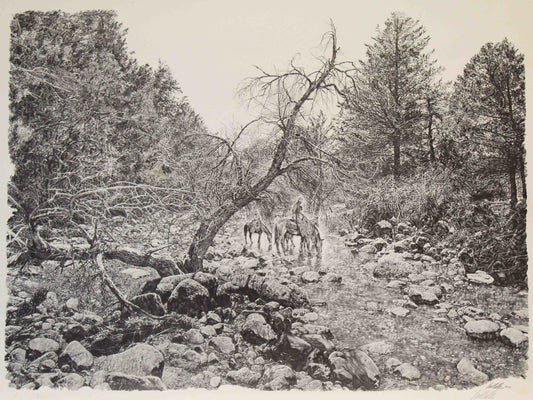 Paul Calle art print “Pause for a Drink” showing a mountain man on horseback stopping at a stream for water in a frontier wilderness setting.