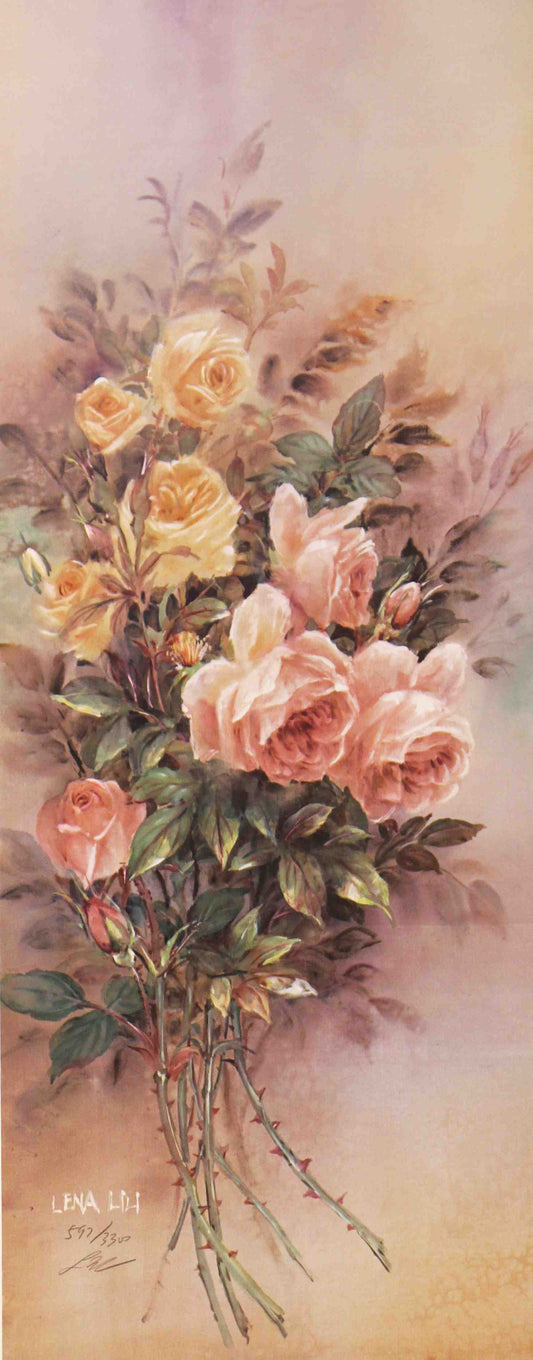 Lena Liu print Peach and Yellow Roses – fine art floral painting by Lena Liu featuring peach and yellow roses.