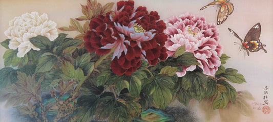 Lena Liu print Peonies and Butterflies – fine art floral painting by Lena Liu featuring blooming peonies and butterflies.