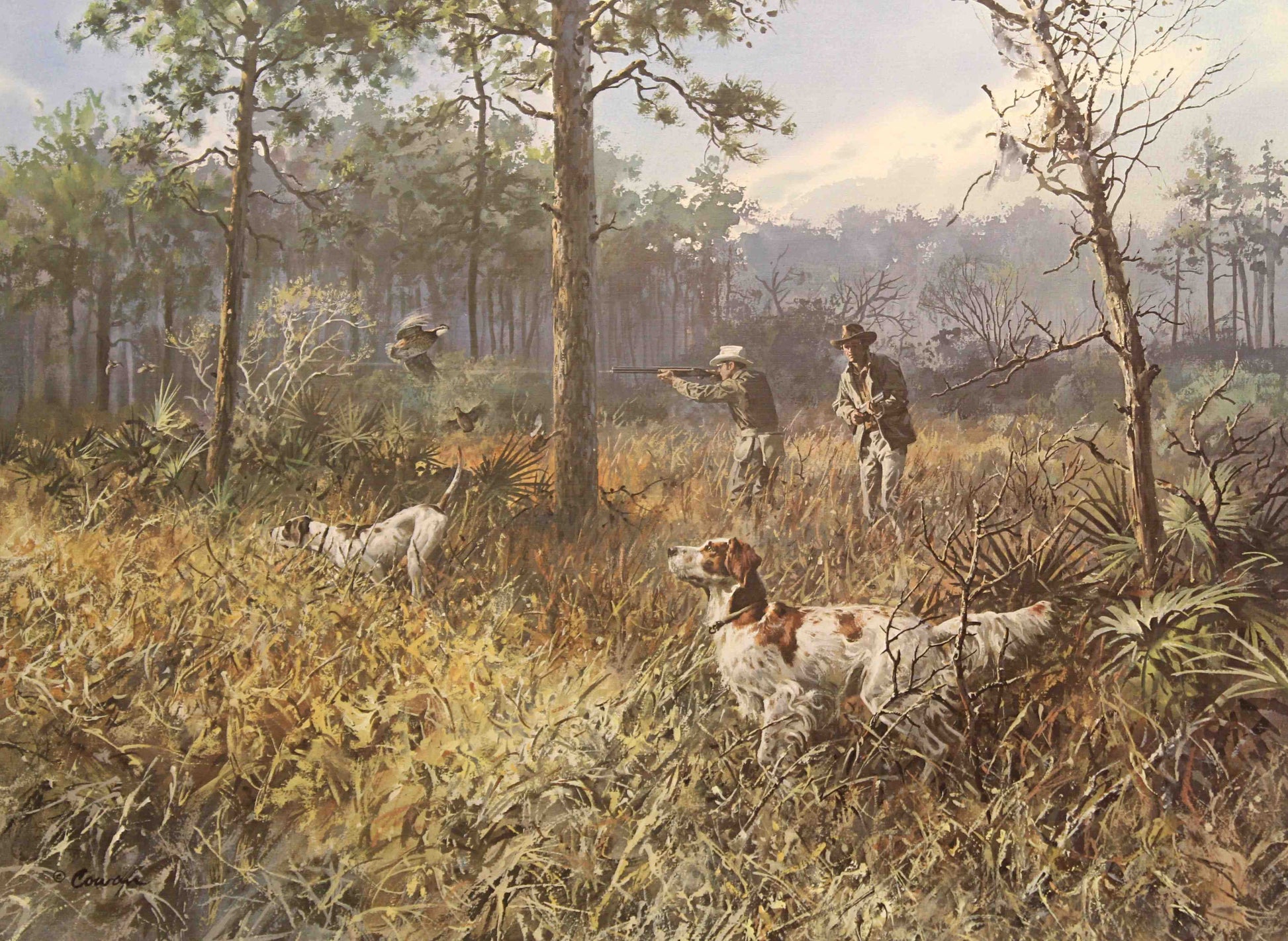 John Cowan print "Pine and Palmetto" showing hunters and pointing dogs during a quail hunt in a Southern pine and palmetto forest setting.