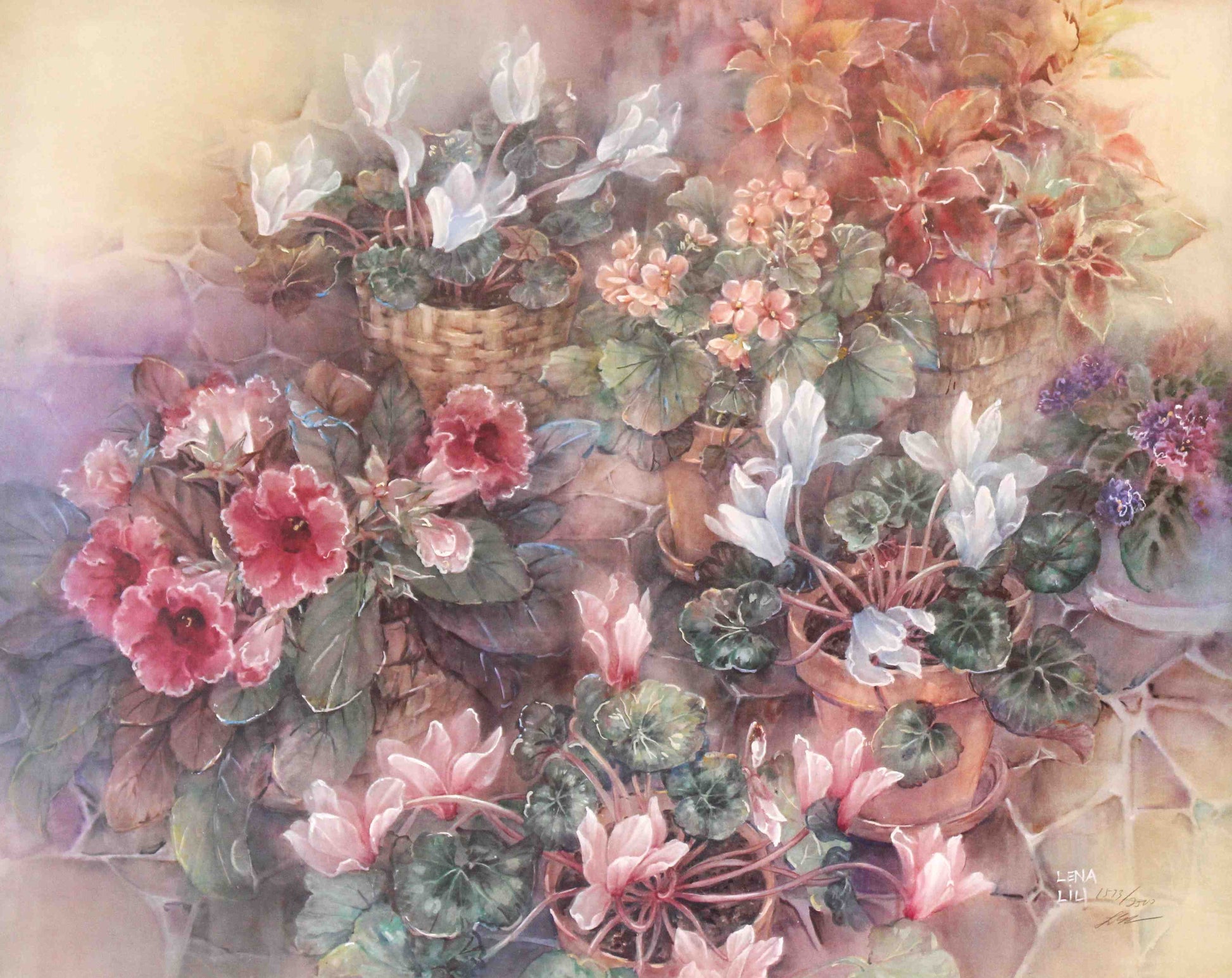Lena Liu print Potted Beauties – fine art floral still life painting by Lena Liu featuring potted flowers.