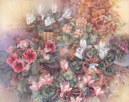 Lena Liu print Potted Beauties – fine art floral still life painting by Lena Liu featuring potted flowers.
