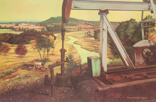 John Pototschnik print “Precious Stock” showing cattle grazing on a ranch with pumpjacks in the background, blending ranch life with the Texas oilfield landscape.