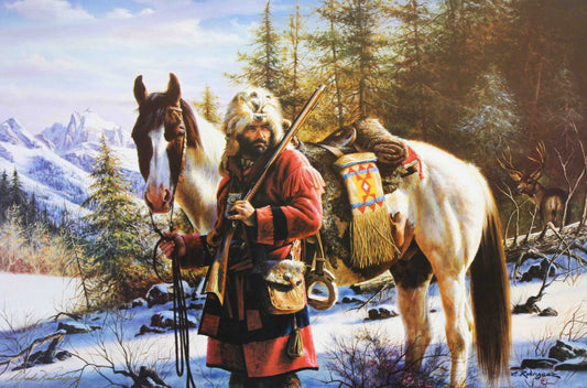 Pride of the Wilderness by Alfredo Rodriguez, depicting a rugged mountain man in frontier attire standing in a wilderness landscape.