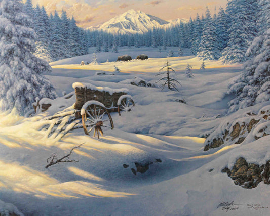 Larry Dyke print "Psalm 147:16" showing a snow-covered landscape with an old wooden wagon under moonlight, evoking peacefulness and reflection.