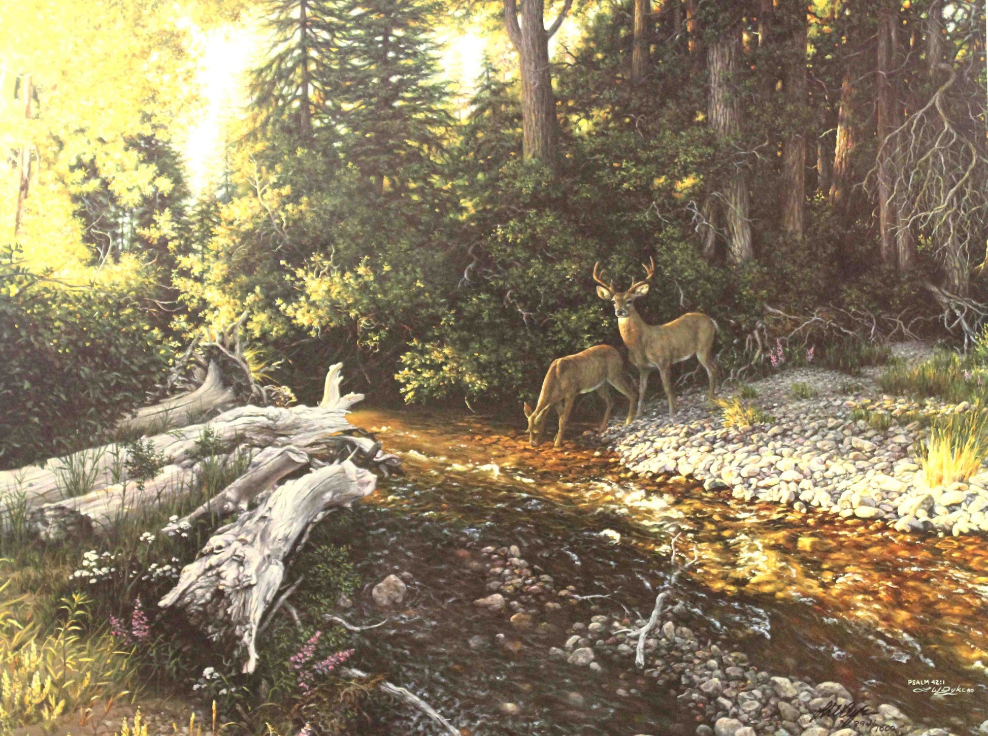 Larry Dyke print "Psalm 42:01" featuring deer grazing beside a gently flowing stream in a peaceful, sunlit forest, inspired by the scripture's message of spiritual longing.