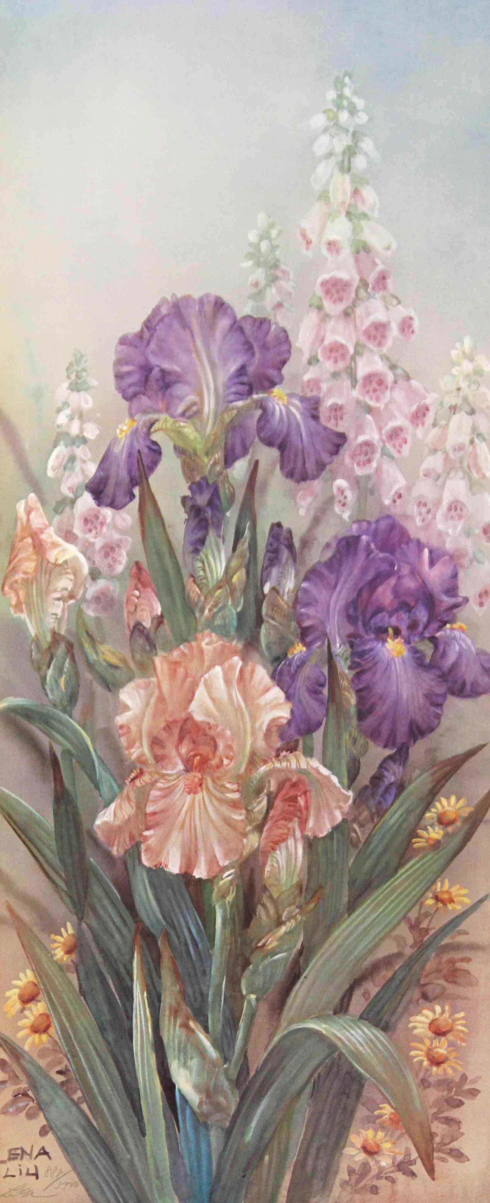 Lena Liu print Purple Irises and Foxglove – fine art floral painting by Lena Liu featuring irises and foxglove flowers.