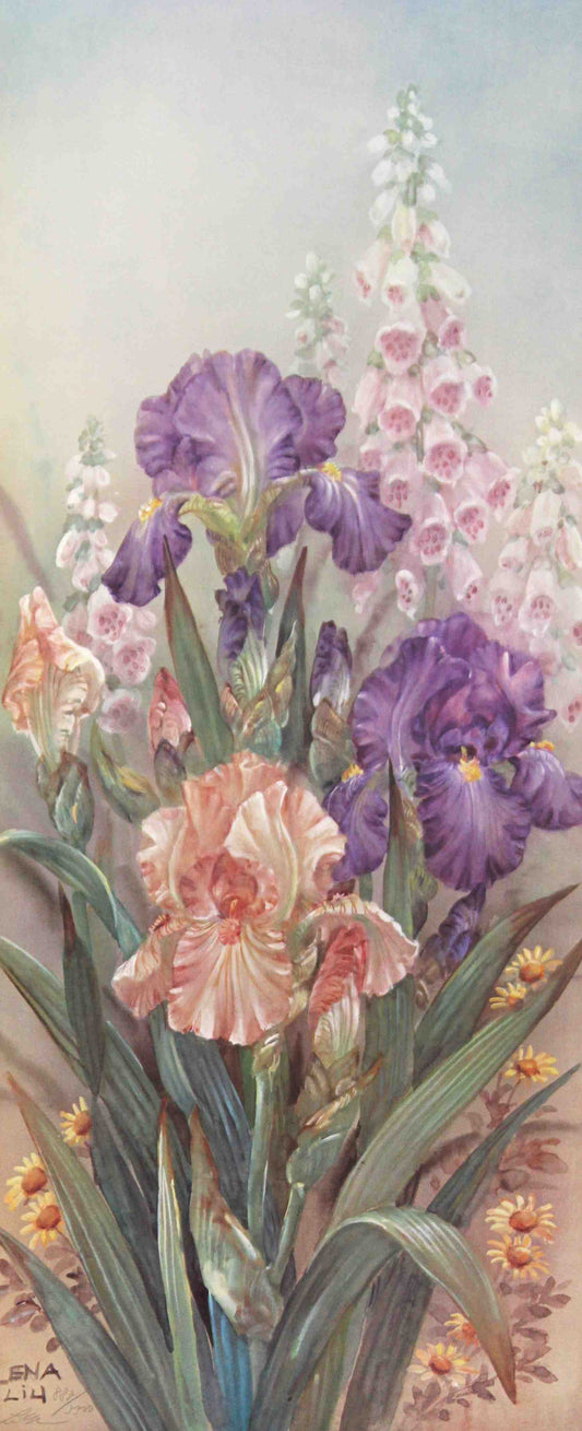 Lena Liu print Purple Irises and Foxglove – fine art floral painting by Lena Liu featuring irises and foxglove flowers.